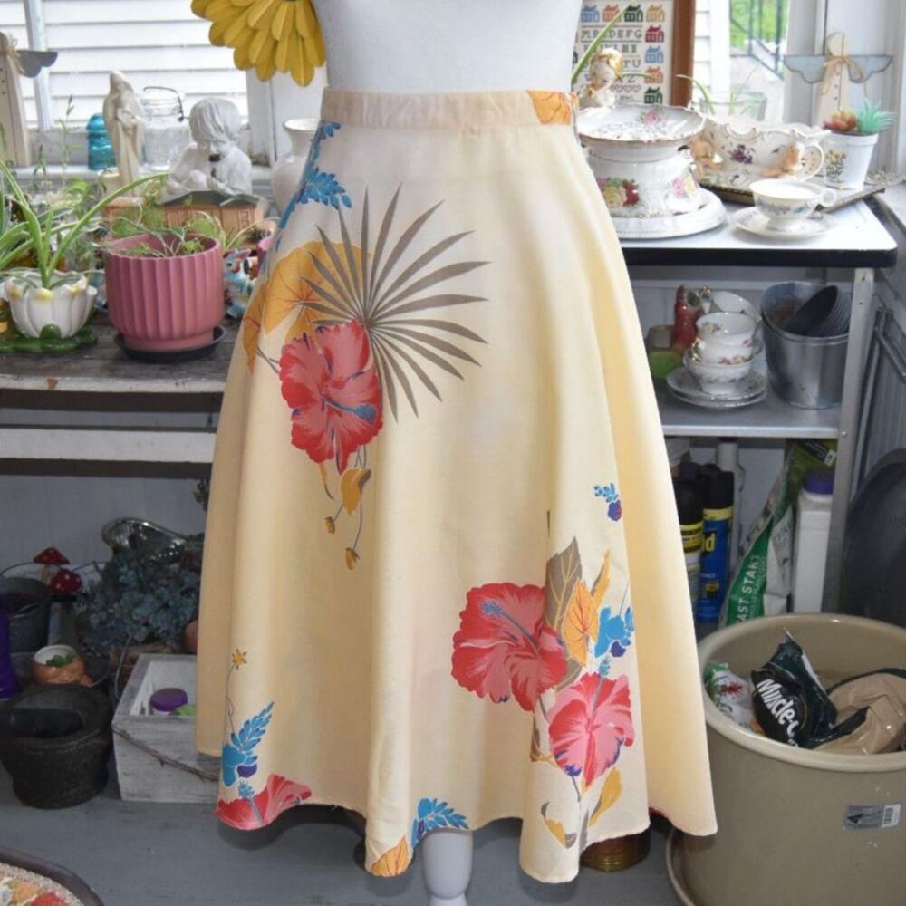 Vintage Bennington Place Tropical Hibiscus Floral Rayon Midi Skirt S 27 Waist